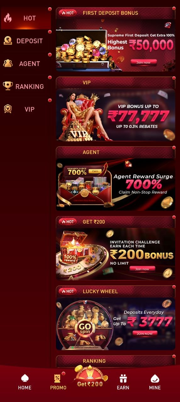 SH7 App interface displaying featured game tiles, quick action buttons, and category menus on a smartphone screen.