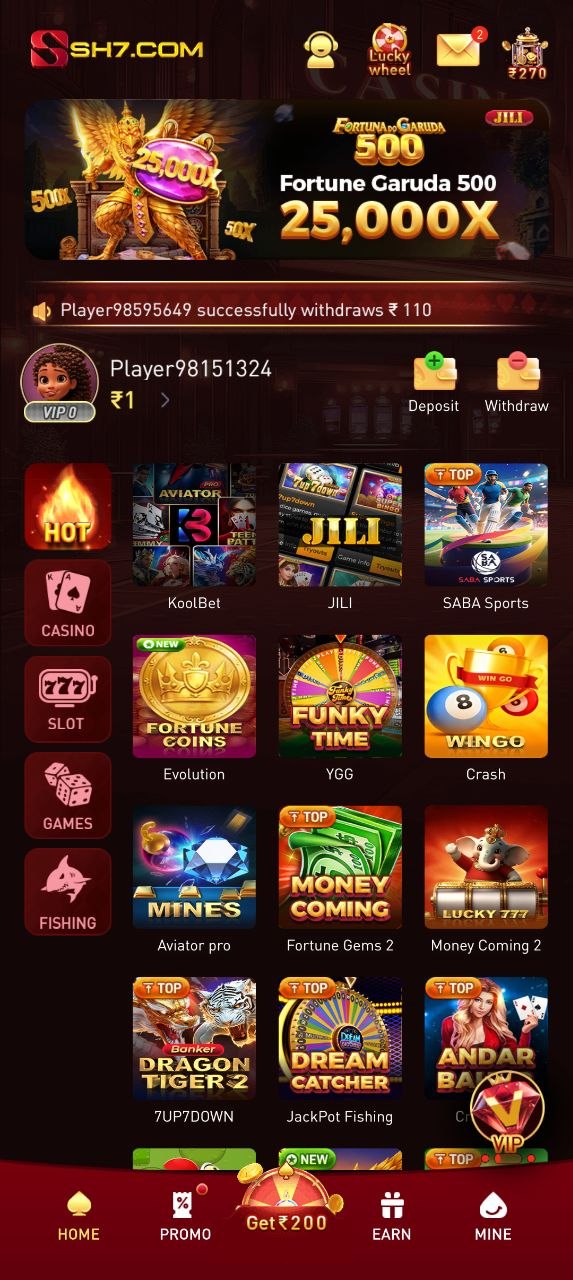 Mobile screenshot of the SH7 Game UI featuring colorful game icons, promotional graphics, and navigation controls.
